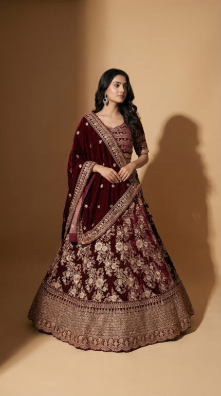 Royal Maroon Handcrafted Designer Lengha